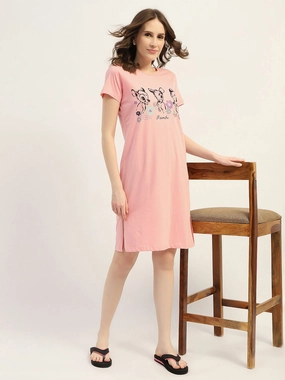 mSECRET Printed Peach Cotton Nightdress Chilly Day Wear