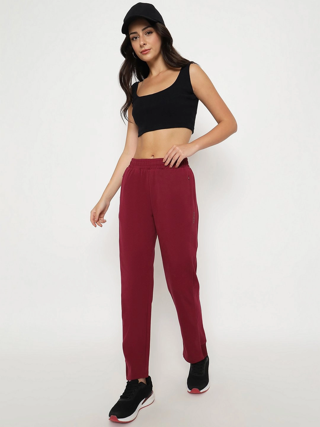 Active Flex mSECRET Straight Fit Wine Red Cotton Blend Track Bottom