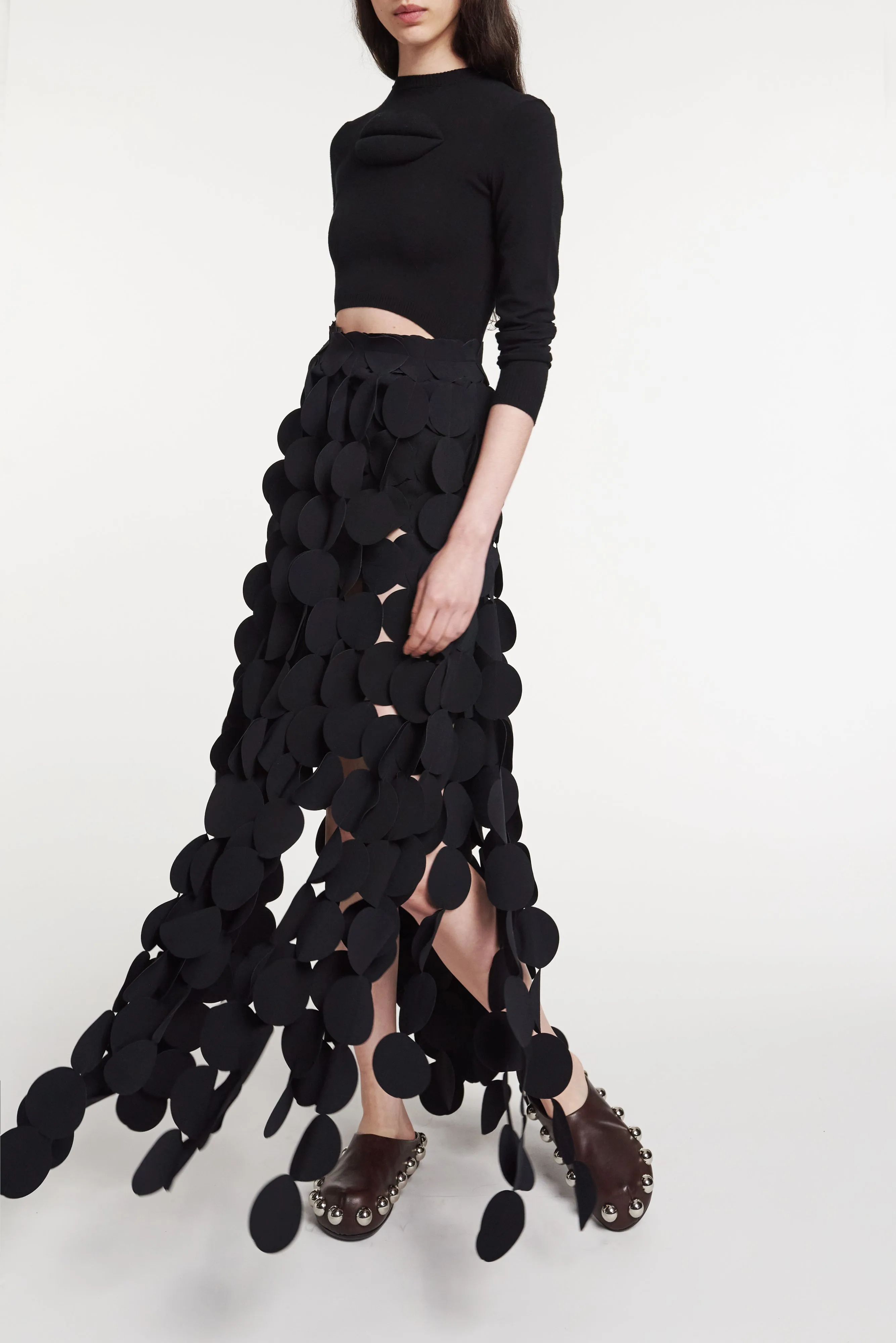 Contoured Waist Multi Circle Layered Maxi Skirt Black