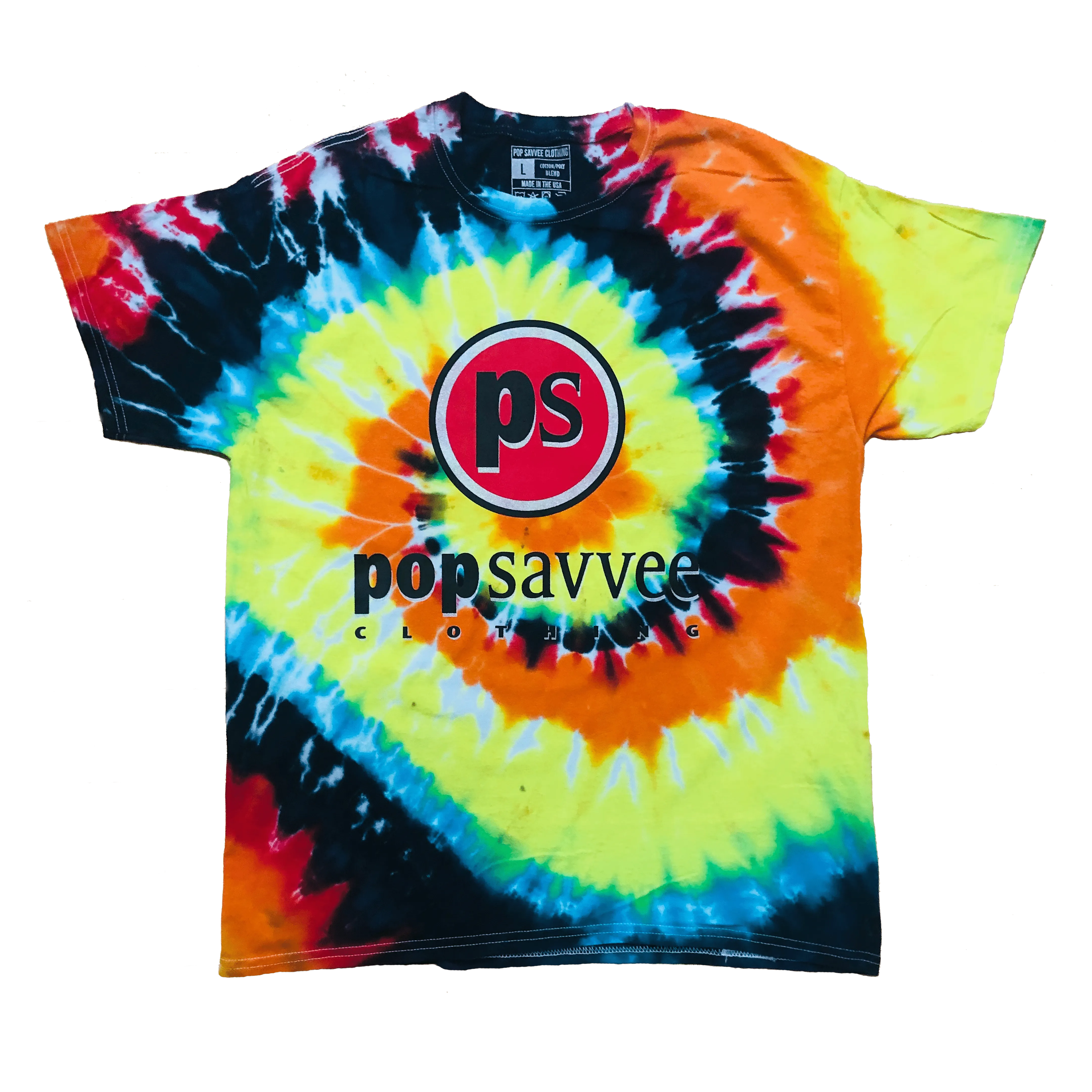 Multi-Color Tie-Dye Short Sleeve Crewneck T-Shirt w/ Red “Pop Savvee Clothing” Logo