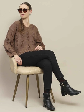 Madame Ripped Knitted V Neck Brown Sweater Quick Dry Performance