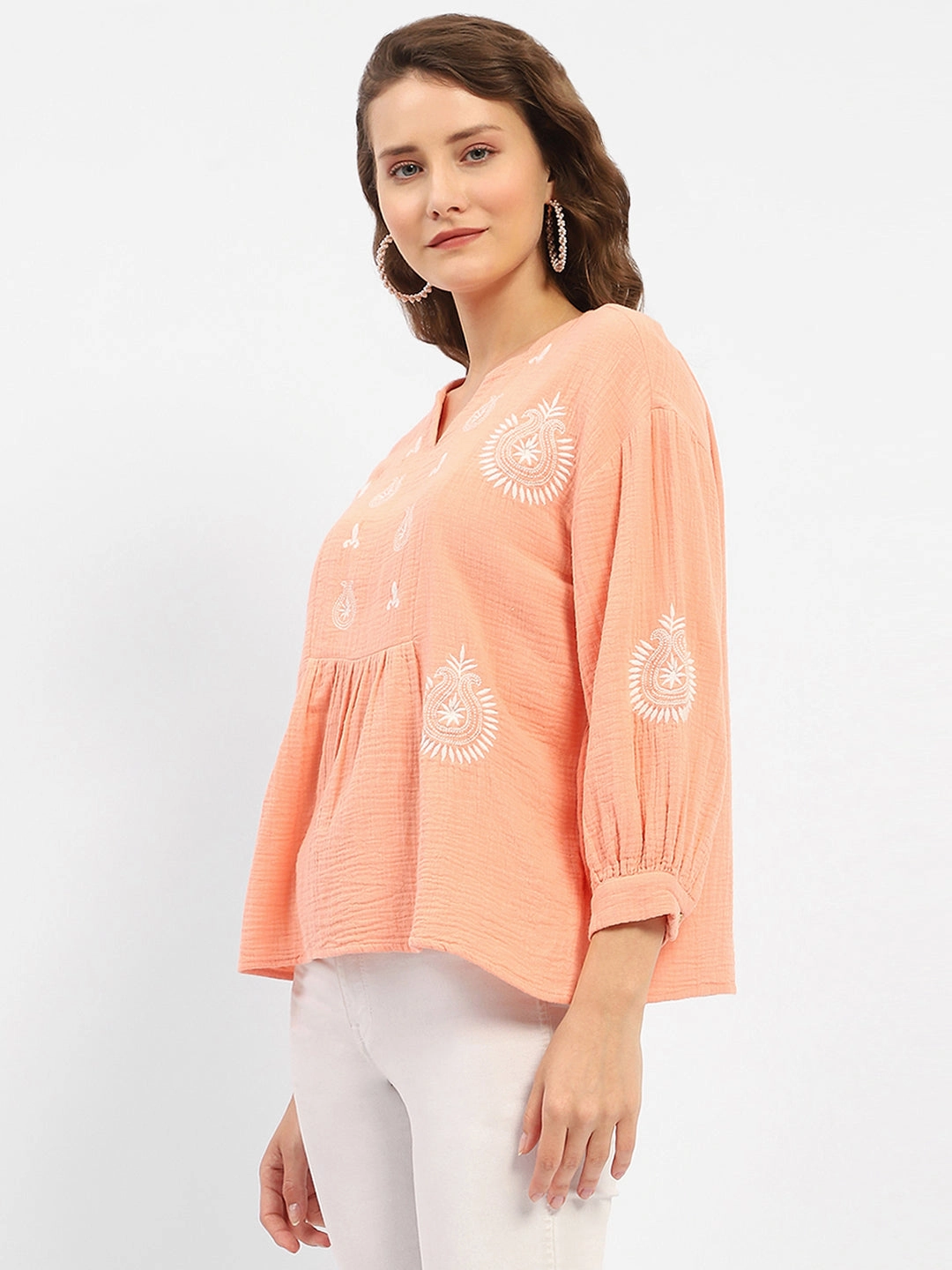 Madame Balloon Sleeve Peach Chikankari Work Top ShockAbsorbing