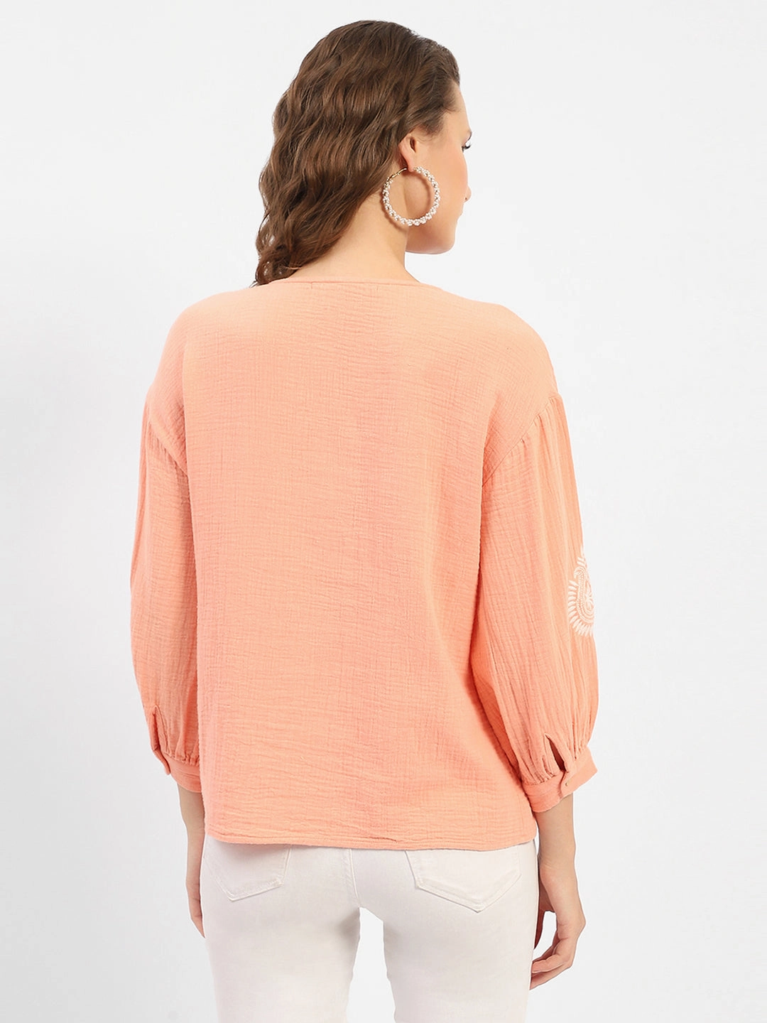 Madame Balloon Sleeve Peach Chikankari Work Top EcoCertified Material