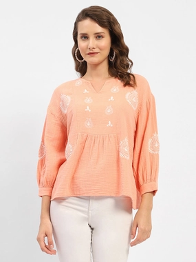 Madame Balloon Sleeve Peach Chikankari Work Top AdjustableHemCuffs