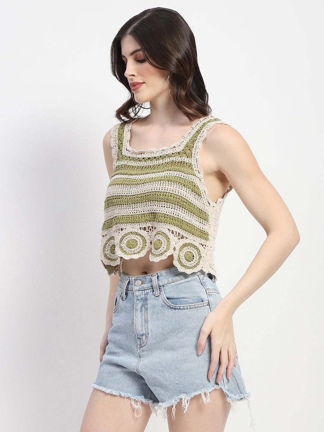 Madame Crochet Knit Green Cotton Crop Top Odor Resistant Technology