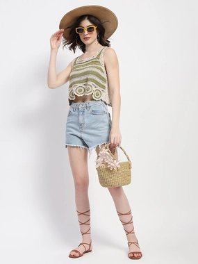 Madame Crochet Knit Green Cotton Crop Top Textured Weave