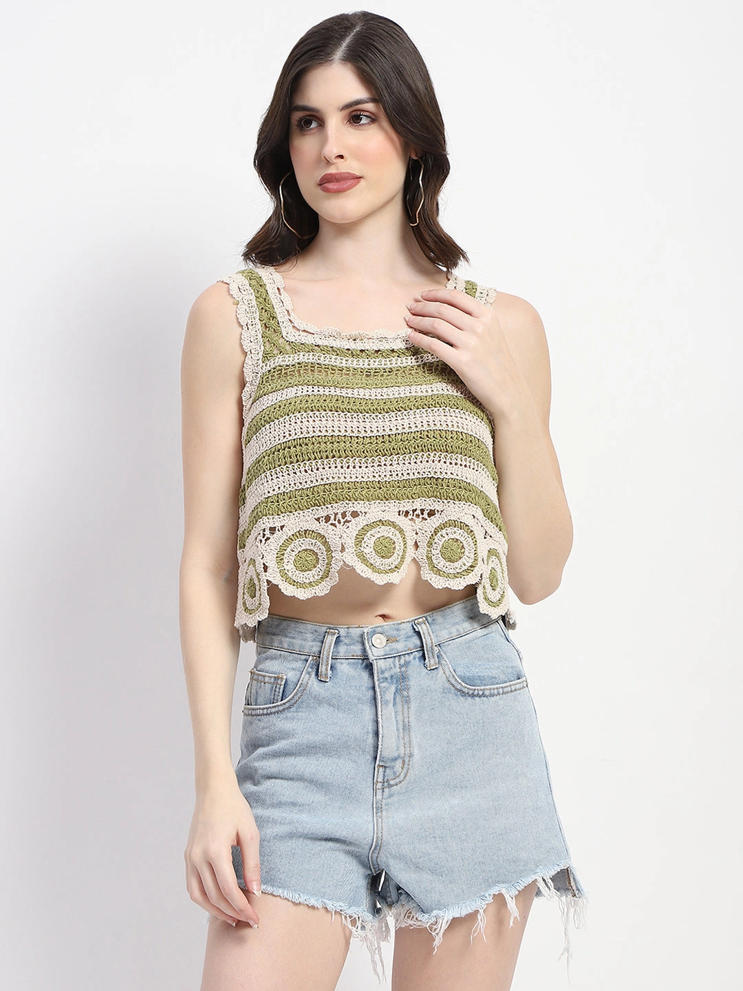Madame Crochet Knit Green Cotton Crop Top SweatGuard Lining Reflective Trims