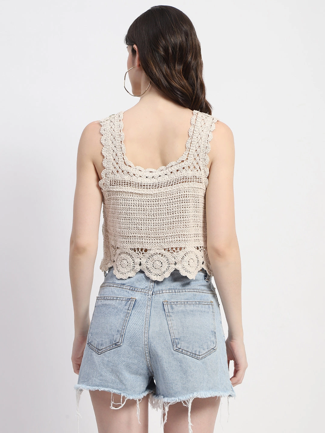 Madame Crochet Knit Green Cotton Crop Top FadeResistant Treatment