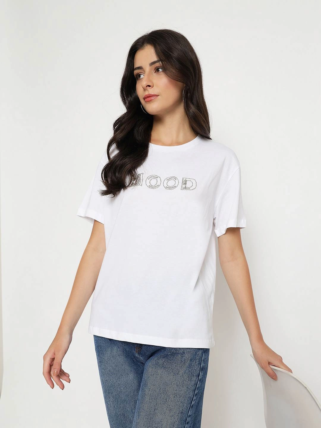 Madame Embellished Typography White Cotton T-shirt Durable Colorfast Finish Subtle Details