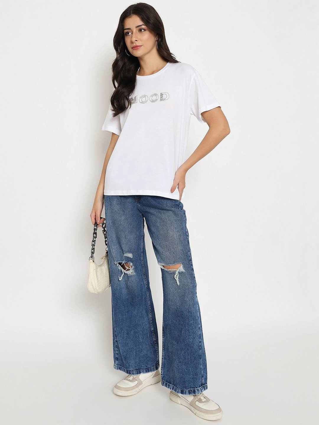 Moisture wicking Effortless Comfort Design Madame Embellished Typography White Cotton T-shirt