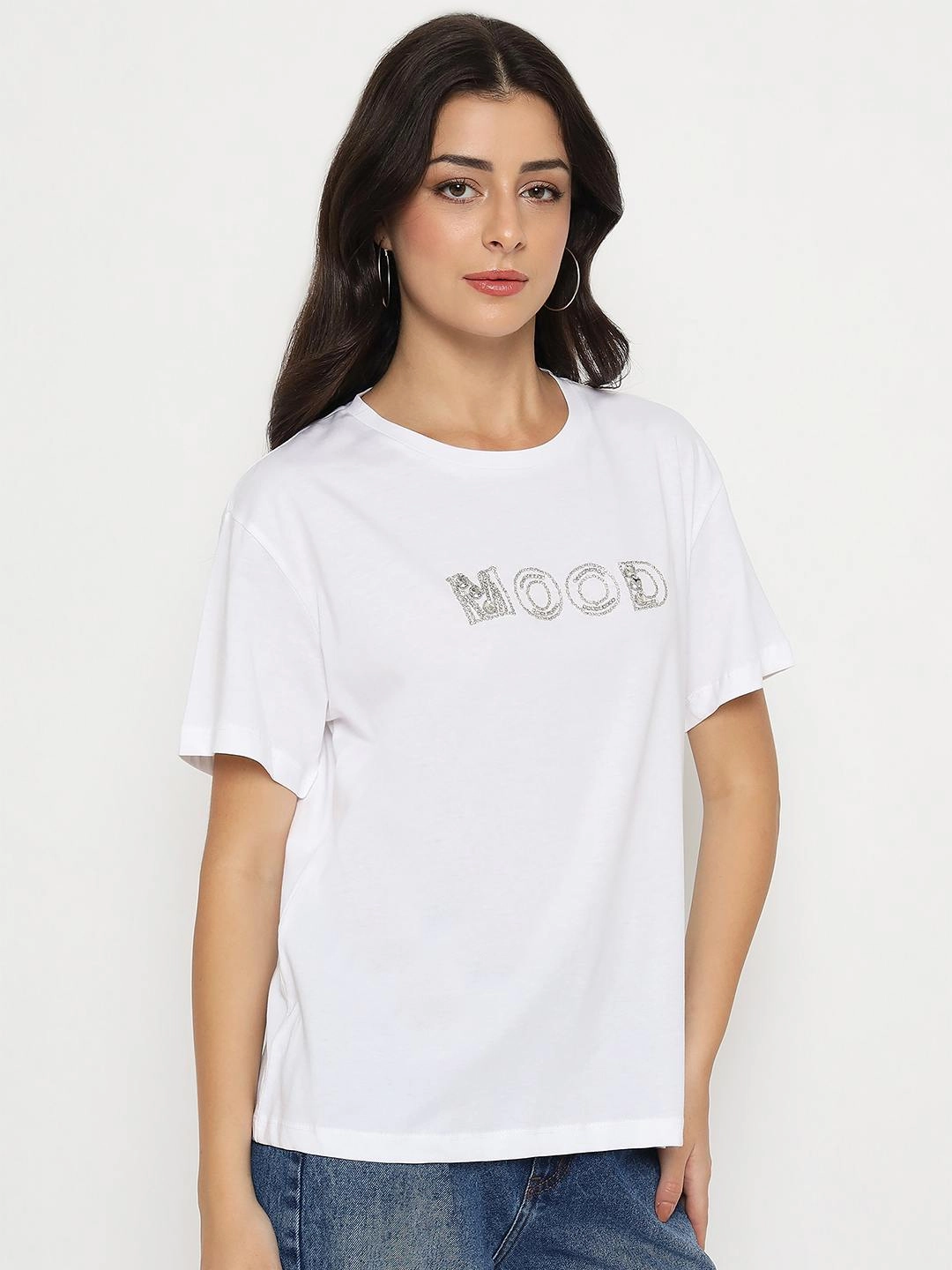 Breathable Performance Madame Embellished Typography White Cotton T-shirt