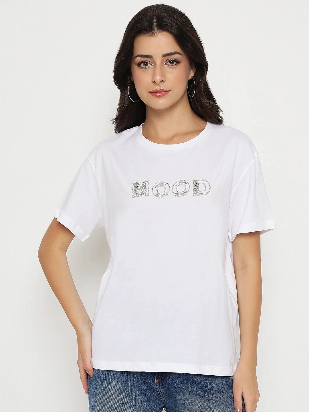 Madame Embellished Typography White Cotton T-shirt Light and Comfortable insulated