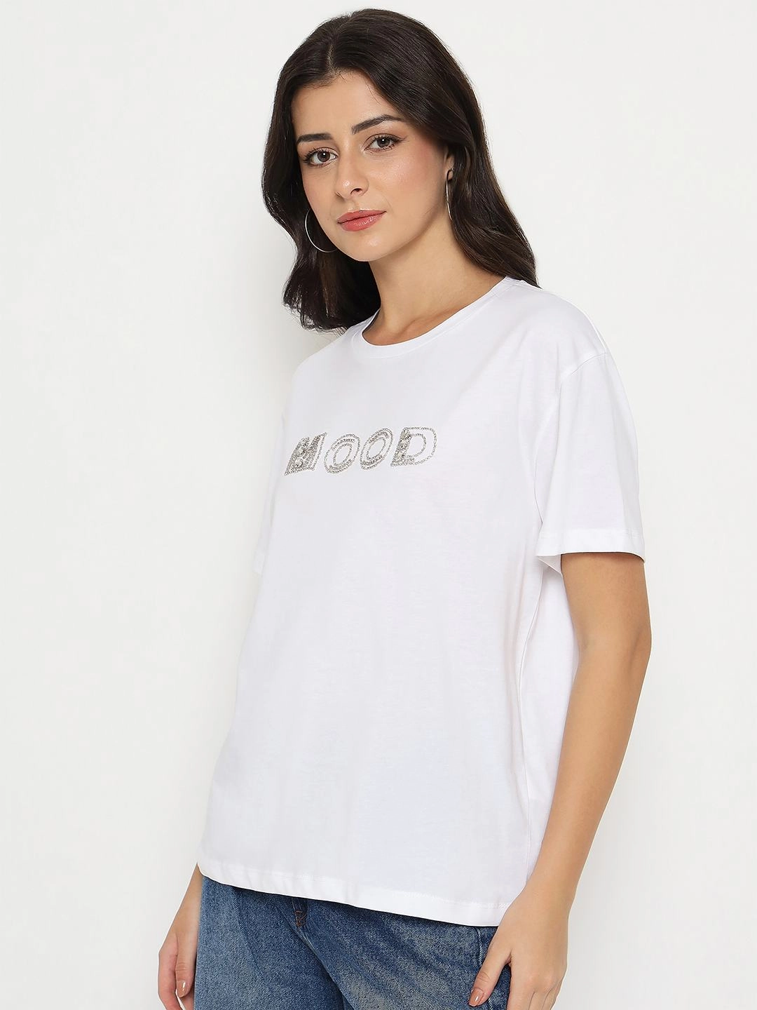 Cozy Vibe Wear Chilly Comfort Madame Embellished Typography White Cotton T-shirt