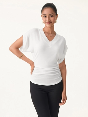 MultiFunctional Pocket Placement Semi-sheer Lyocell Cashmere Blend V-neck Short Sleeve Side Ruched Tee