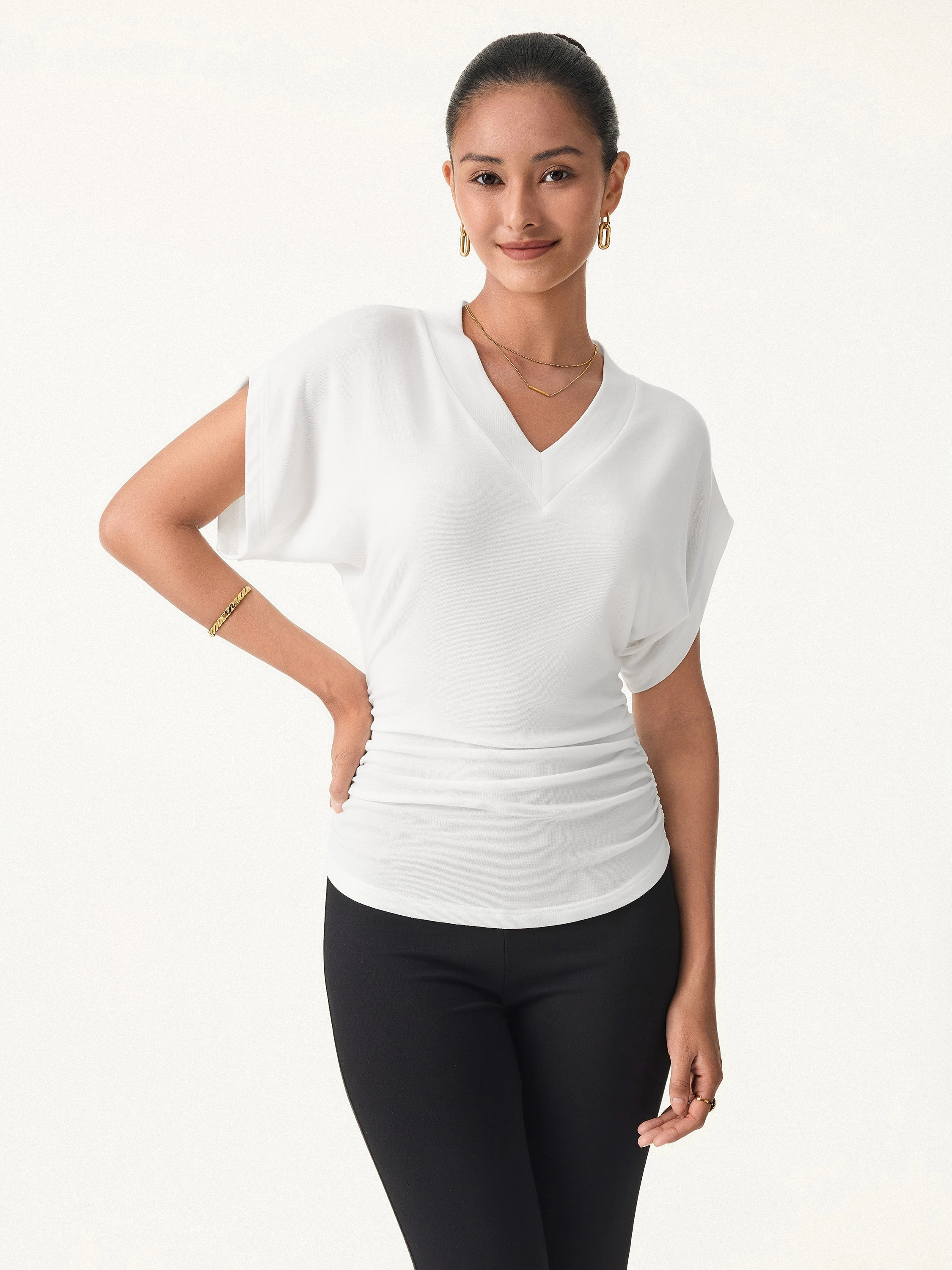 Soft Blended Fabric Semi-sheer Lyocell Cashmere Blend V-neck Short Sleeve Side Ruched Tee
