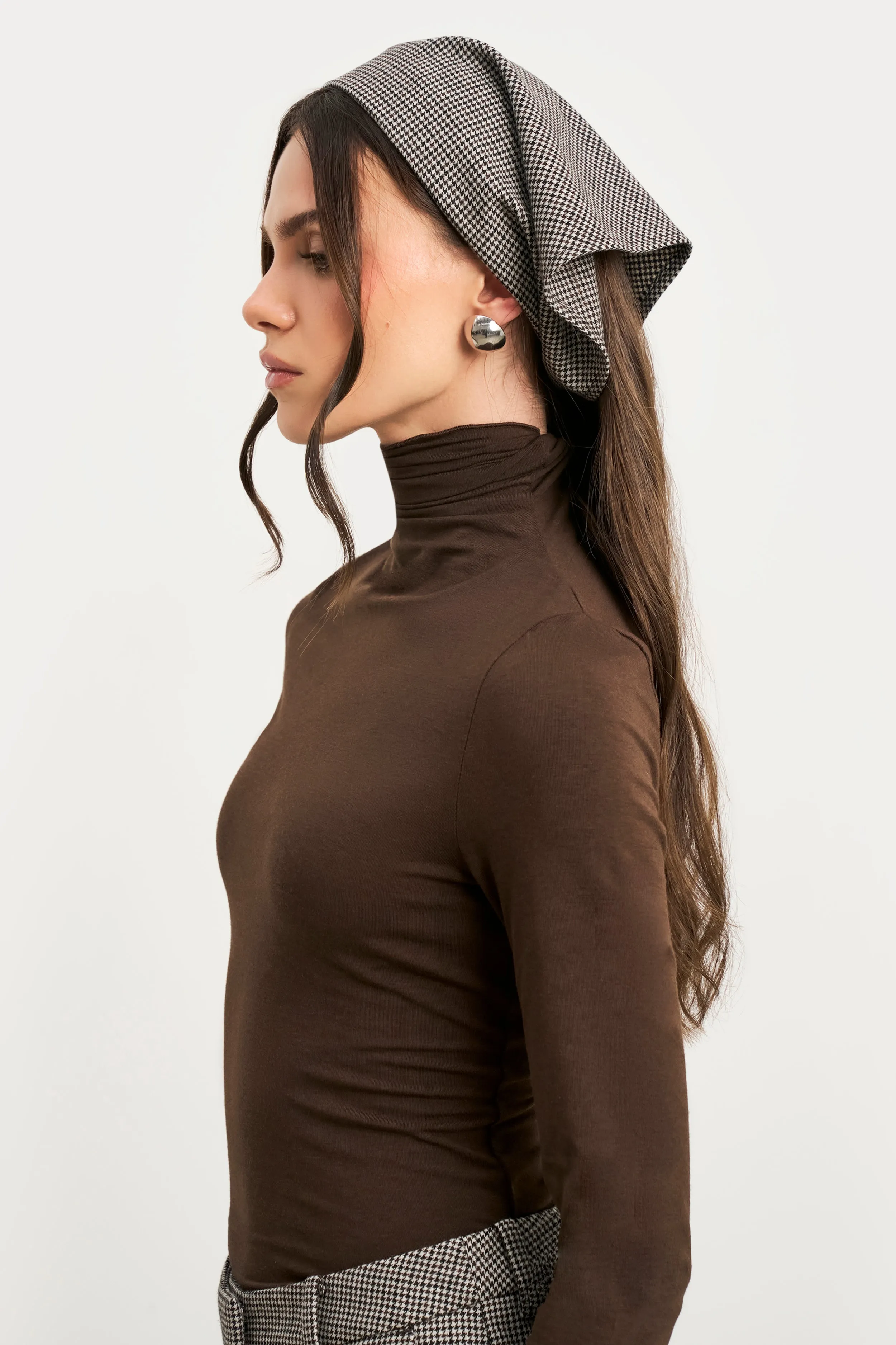 Hidden Storage Pockets Semi Sheer High Neck Longsleeve Top -  Carob