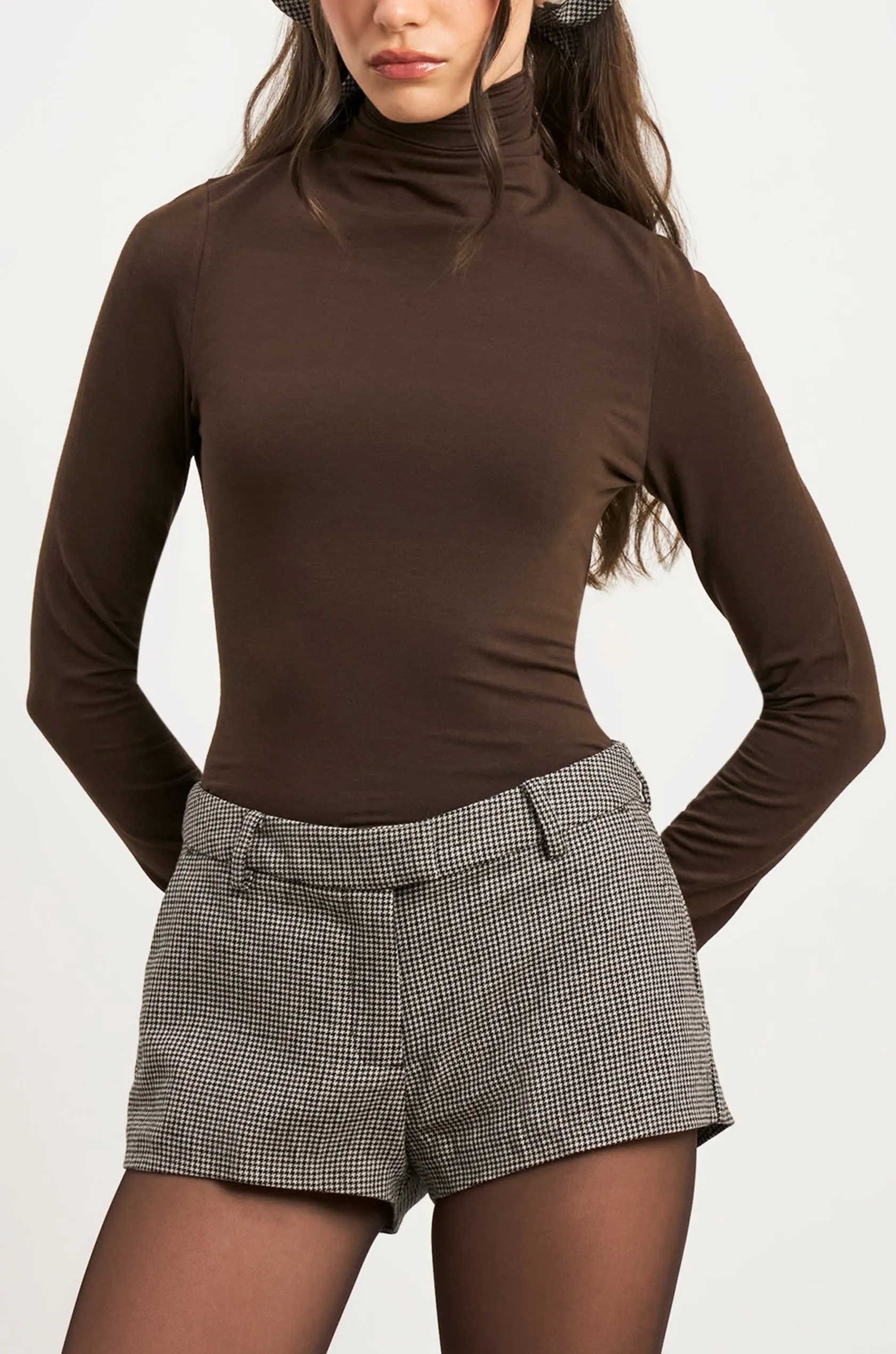 Flexible Waistband Adaptation Semi Sheer High Neck Longsleeve Top -  Carob