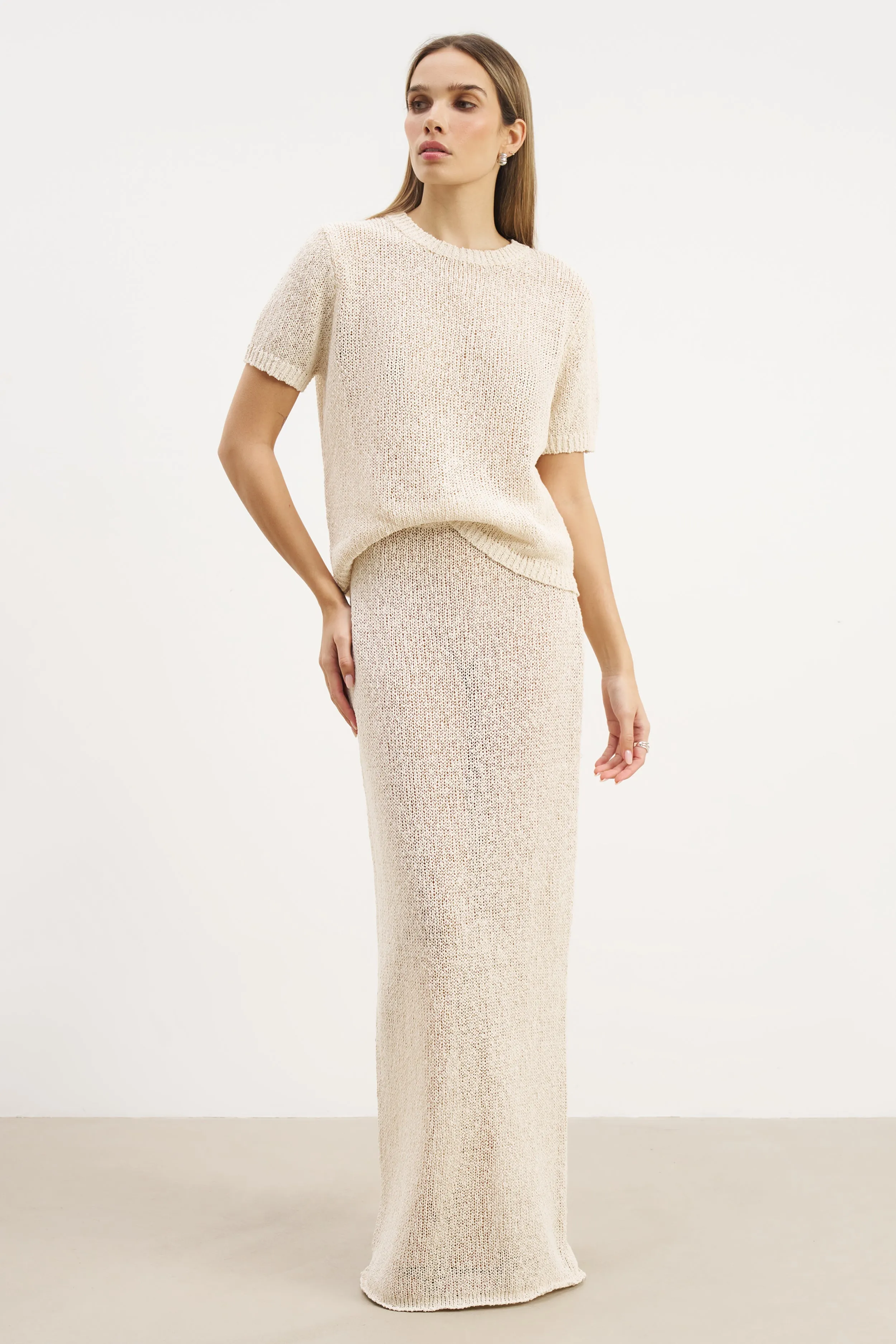 Crochet Knit Relaxed T Shirt - Cream Anti Odor Finish