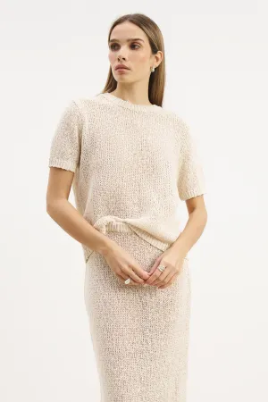 AntiStaticLining Crochet Knit Relaxed T Shirt - Cream