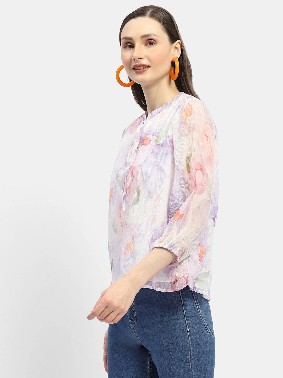 Hidden Pocket Design Easy Care Material Madame Tie-Up Neck Off-White Floral Top