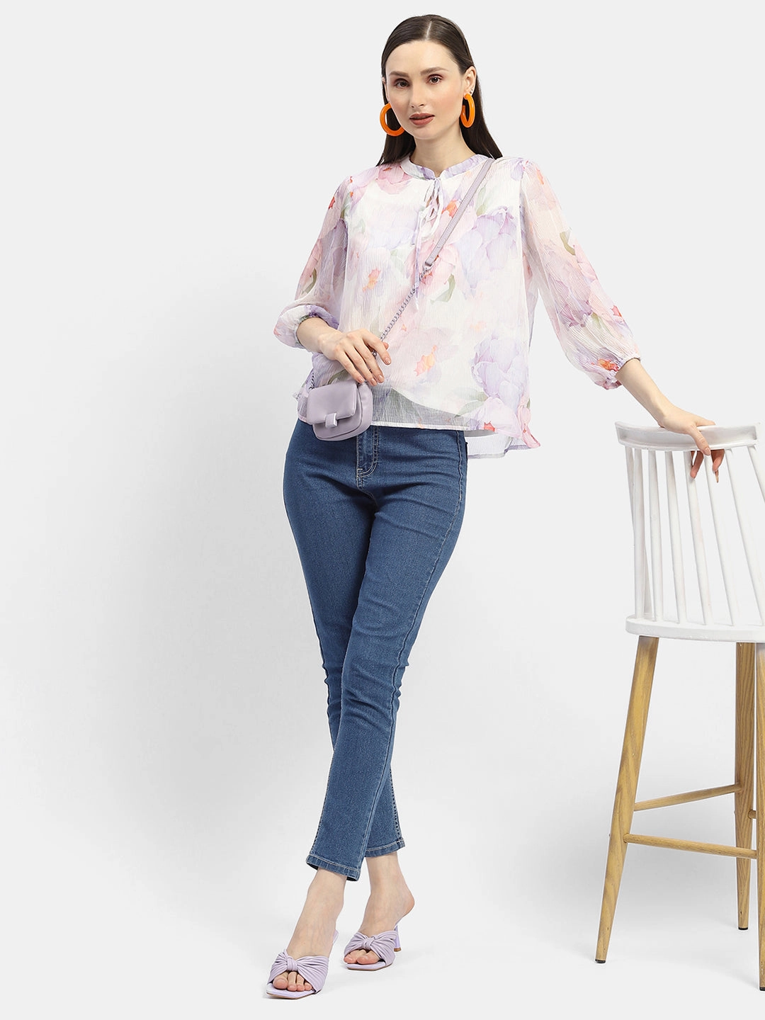 EcoFriendlyDye Madame Tie-Up Neck Off-White Floral Top