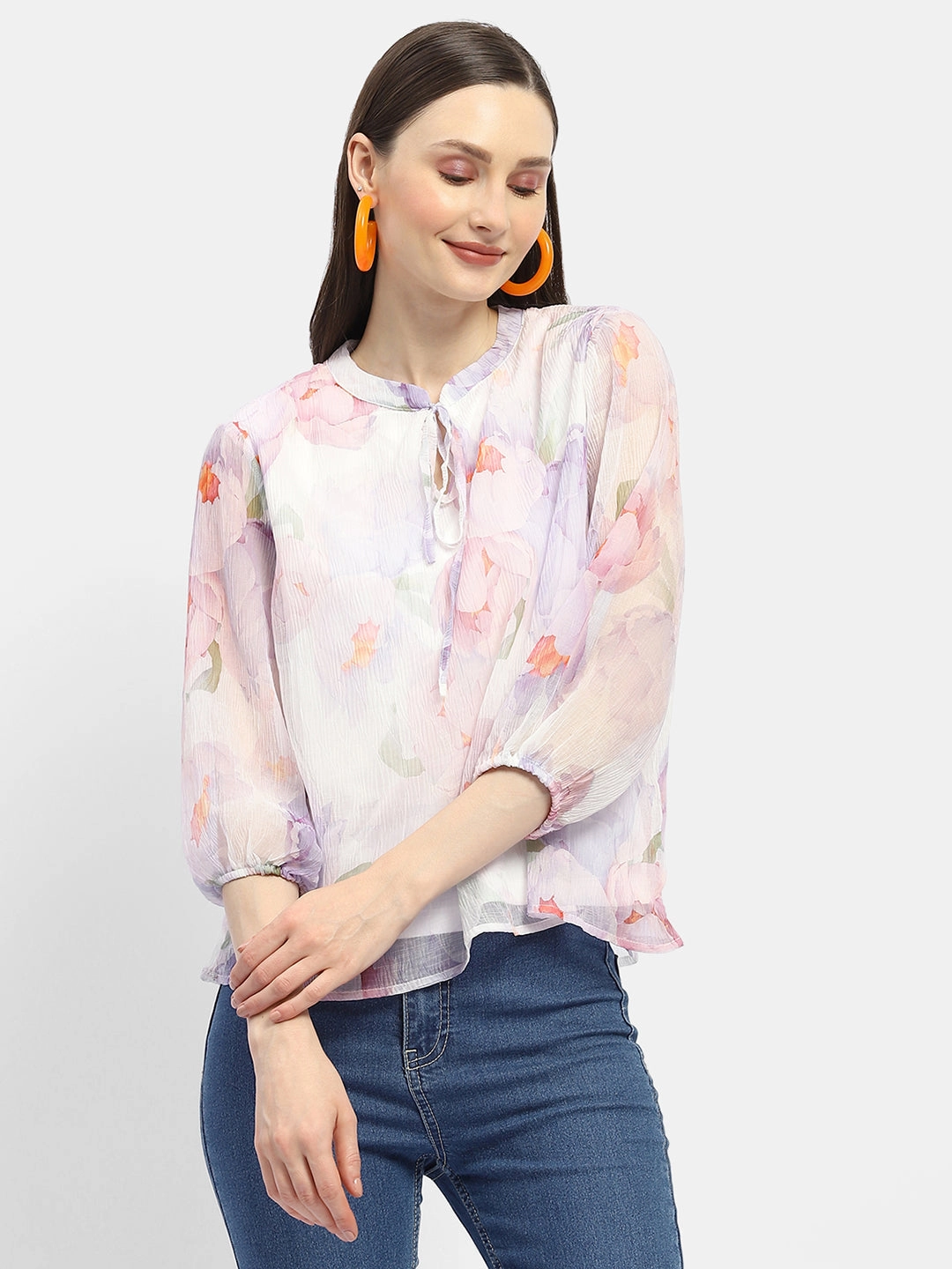 NonToxicCoating Madame Tie-Up Neck Off-White Floral Top