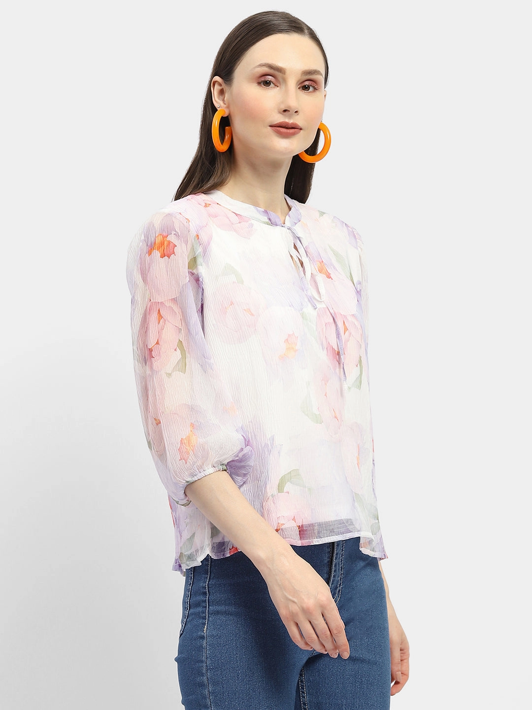 LowMaintenanceFabric Easy to Wear Madame Tie-Up Neck Off-White Floral Top