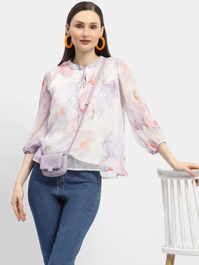 Madame Tie-Up Neck Off-White Floral Top ColorfastMaterial Low Profile Waistband Integration