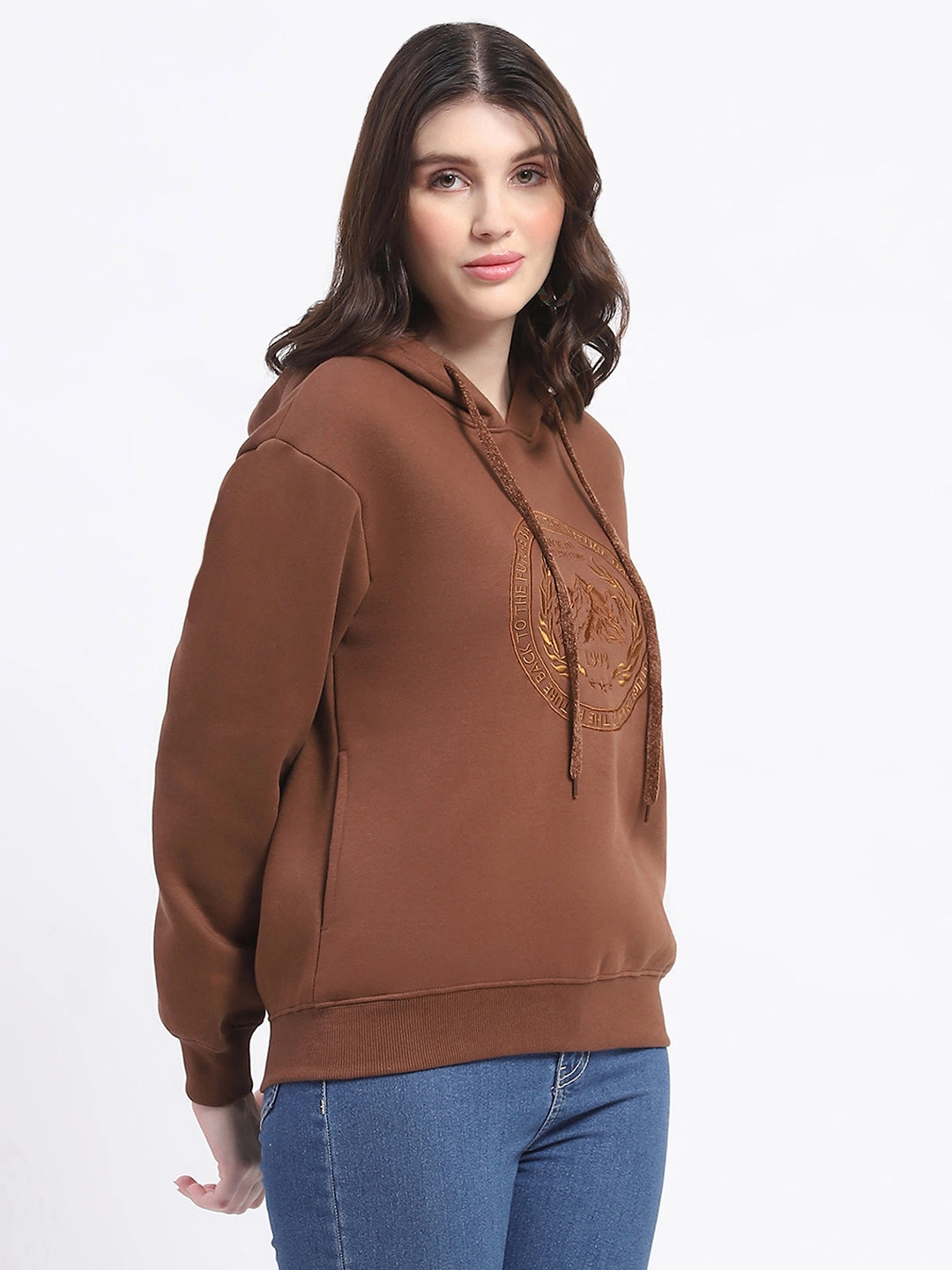 product low end affordability Thin Madame Fleece Embroidered Closed Brown Hooded Sweatshirt
