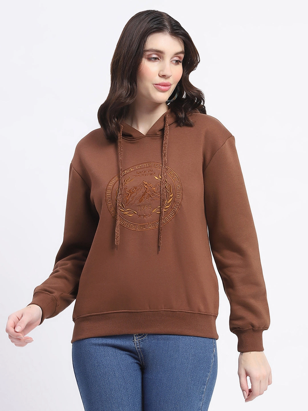 Madame Fleece Embroidered Closed Brown Hooded Sweatshirt brooch accents
