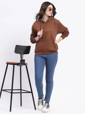 Madame Fleece Embroidered Closed Brown Hooded Sweatshirt Warm Clothing buckle accents