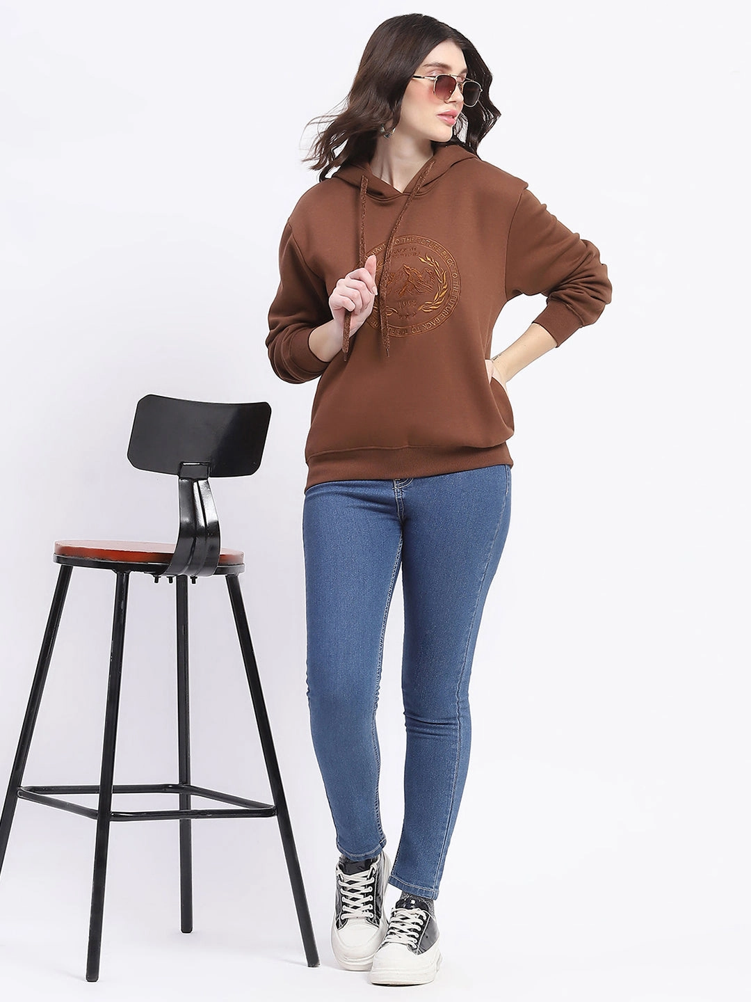 Madame Fleece Embroidered Closed Brown Hooded Sweatshirt Warm Clothing buckle accents