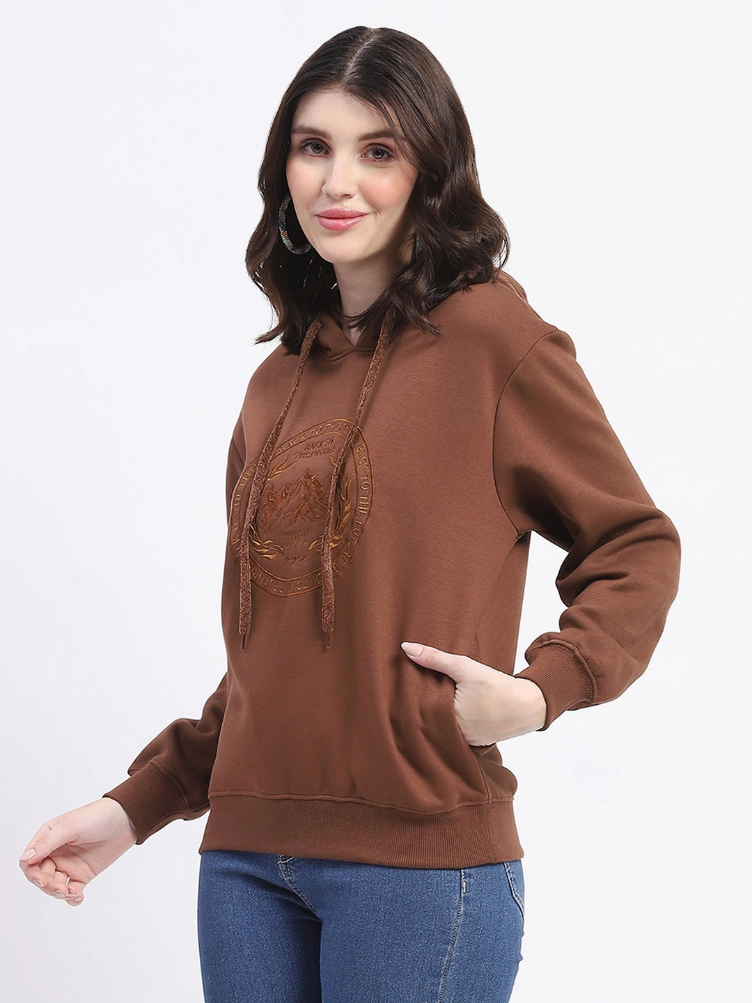 ribbon accents product brooch style Madame Fleece Embroidered Closed Brown Hooded Sweatshirt