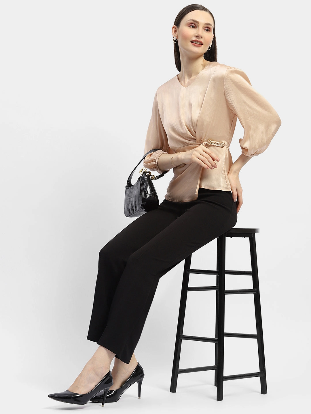 Madame Peasant Sleeve Golden Chain Adorned Top Fashionable Look