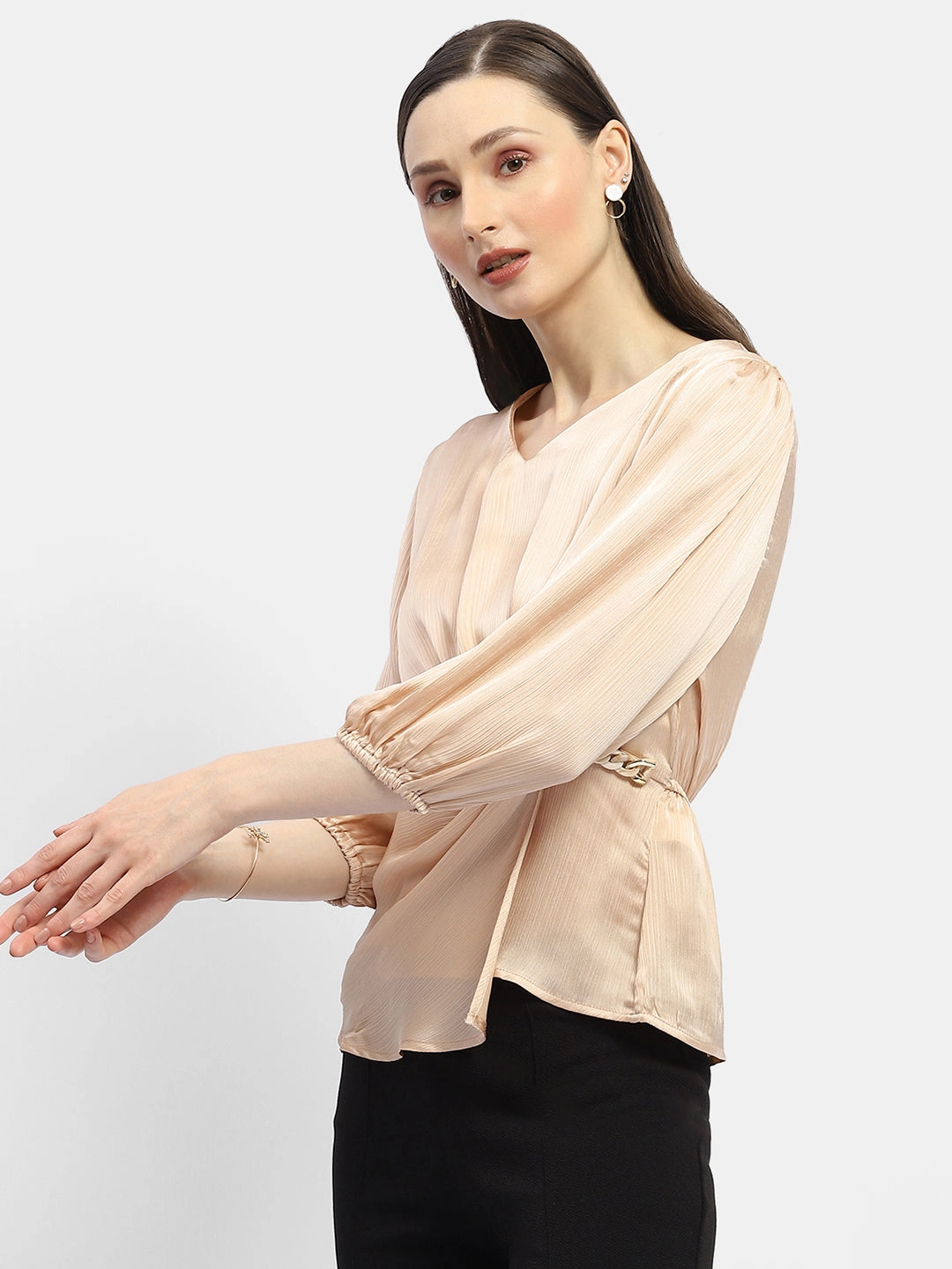 WindproofBarrierTechnology EthicallySourcedMaterial Madame Peasant Sleeve Golden Chain Adorned Top
