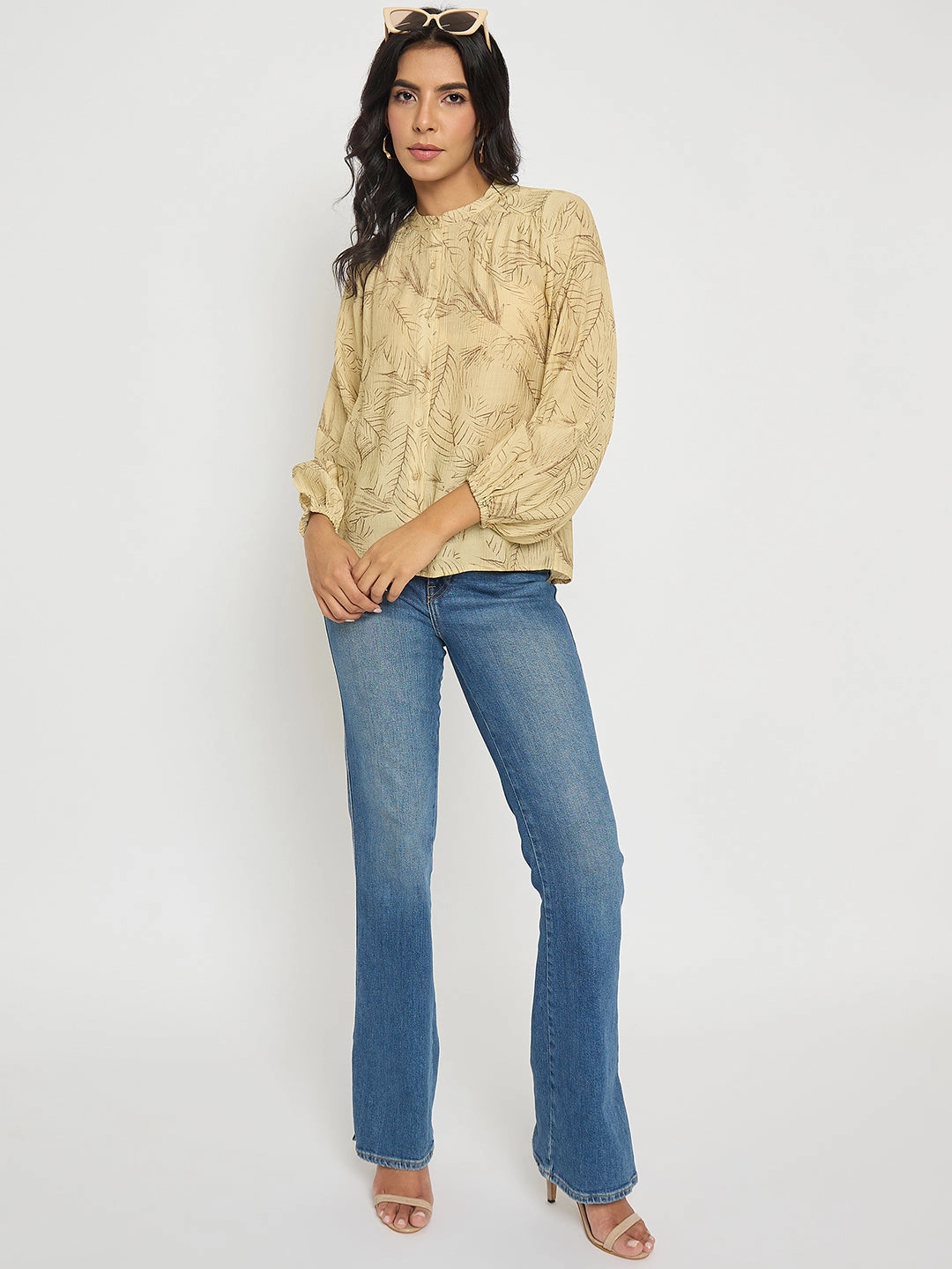 Madame Textured Botanical Print Mustard Yellow Top Anti Pilling Treatment