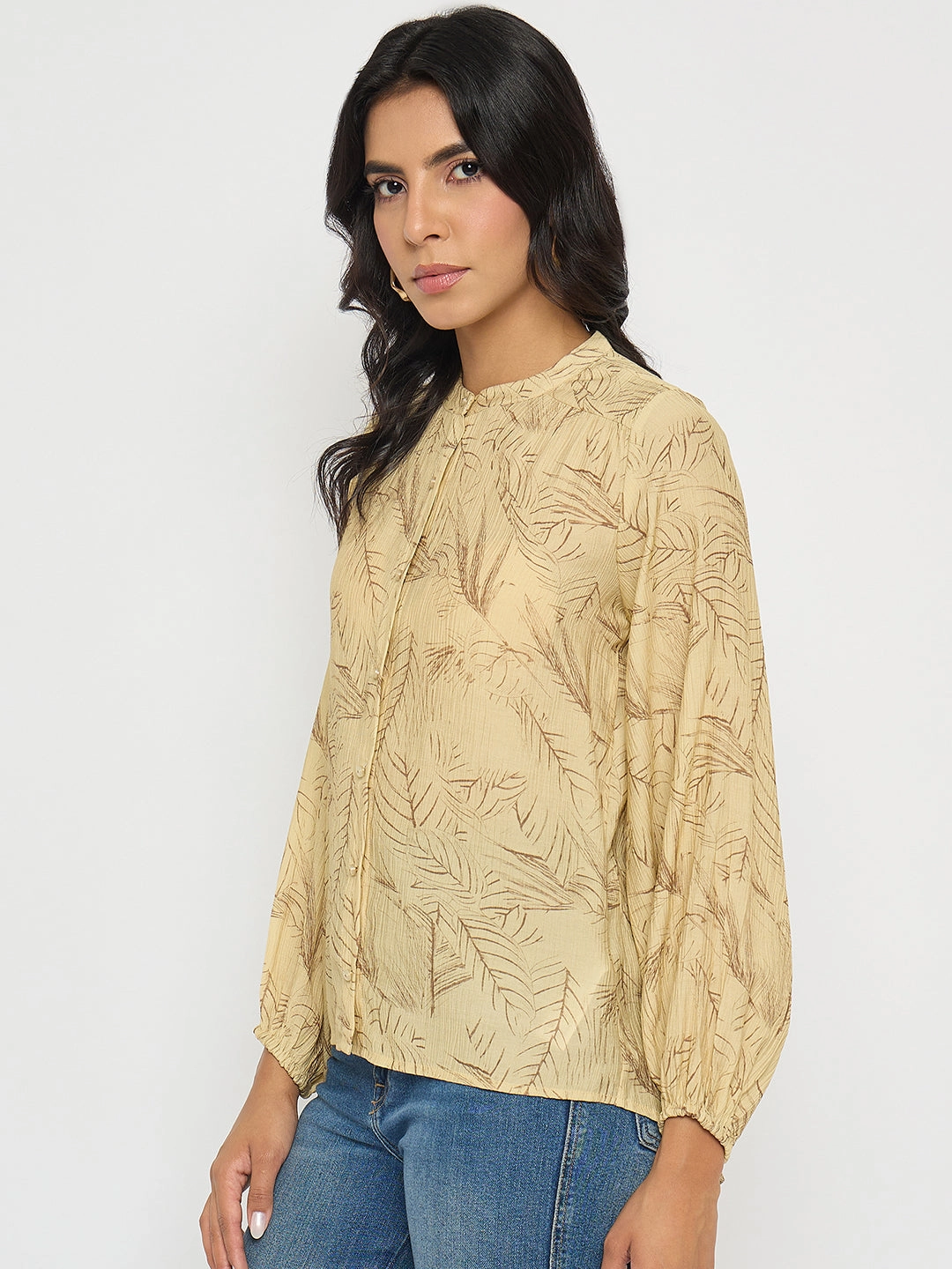 Relaxed Silhouette Madame Textured Botanical Print Mustard Yellow Top