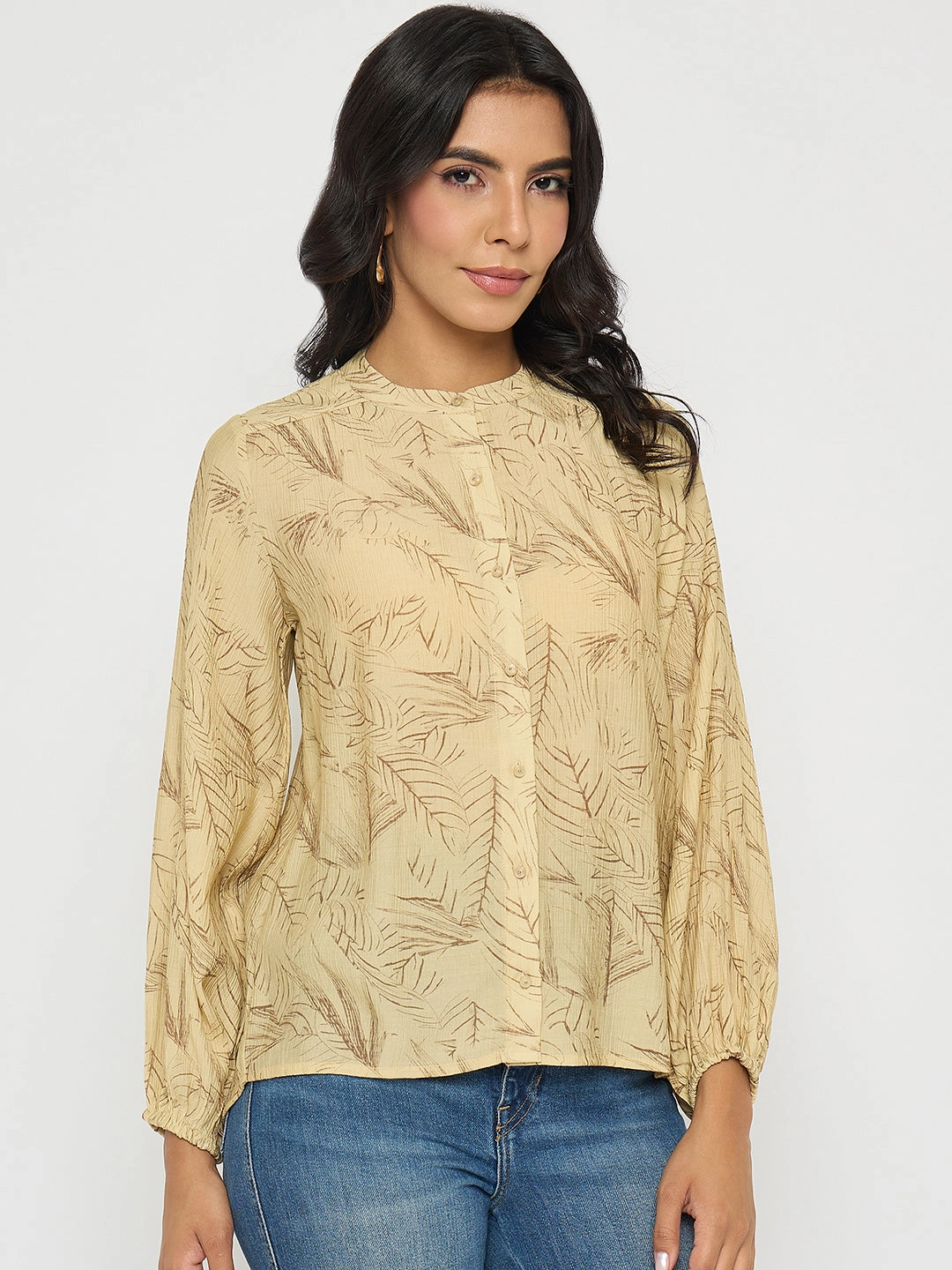 ConvertibleStyle Madame Textured Botanical Print Mustard Yellow Top
