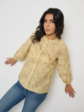 AbrasionResistant Finish Madame Textured Botanical Print Mustard Yellow Top