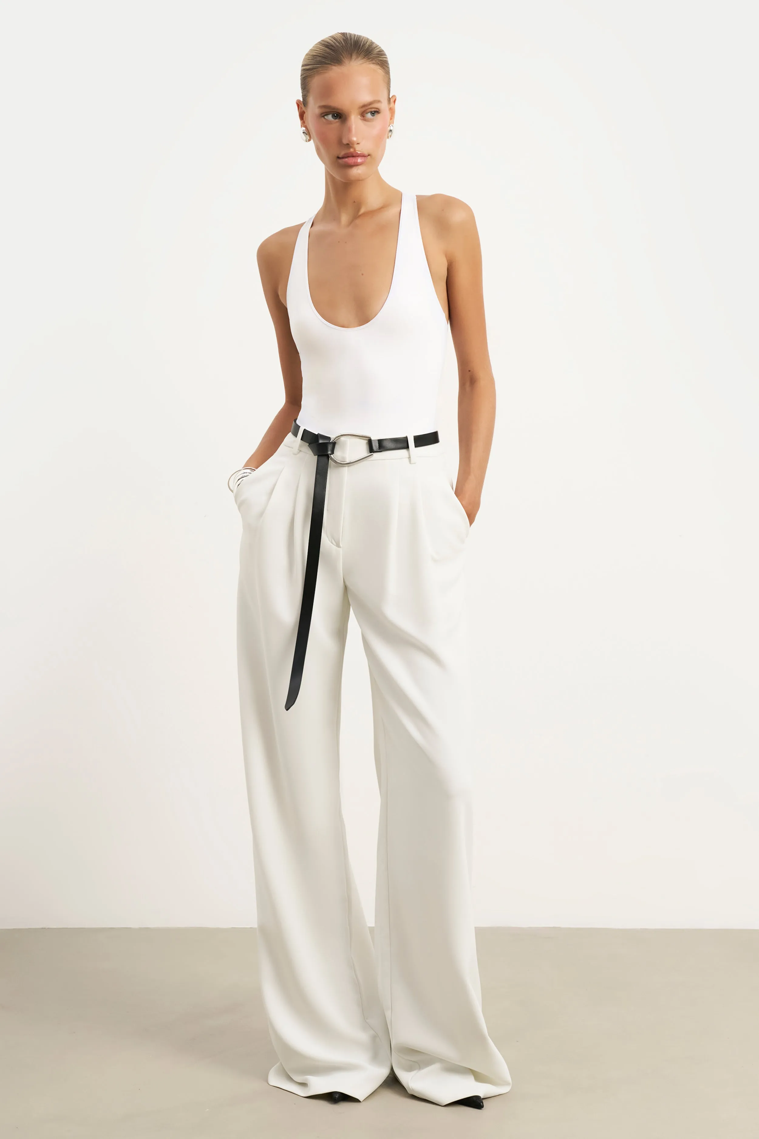Scoop Neck Racer Bodysuit - White Flatlock stitching SoftInteriorLining