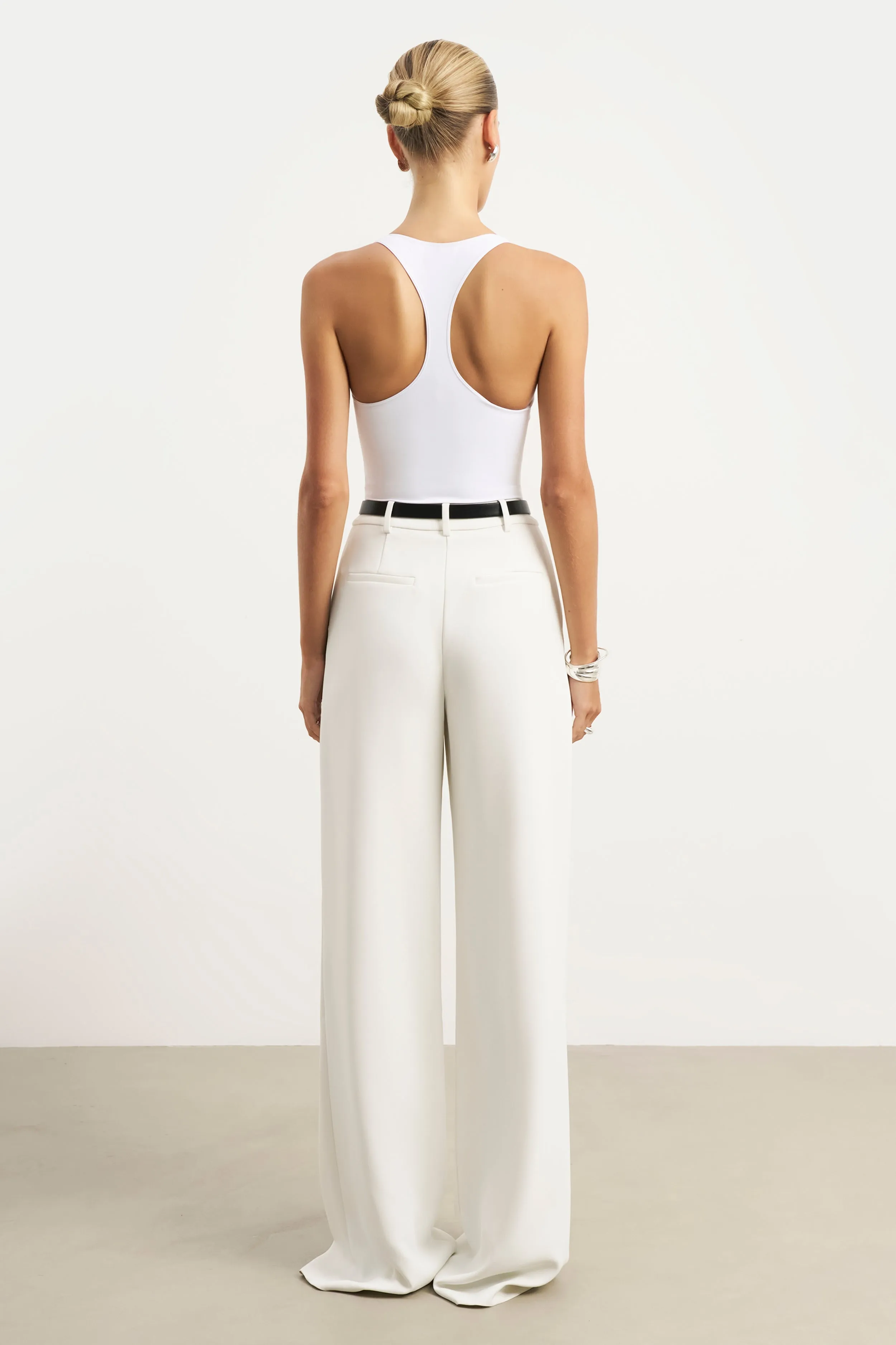 Scoop Neck Racer Bodysuit - White Layered Hem Reinforcement Sport Hoodie