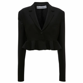 Cropped Ruffle Hem Jacket Fleece Backing Layered Collar