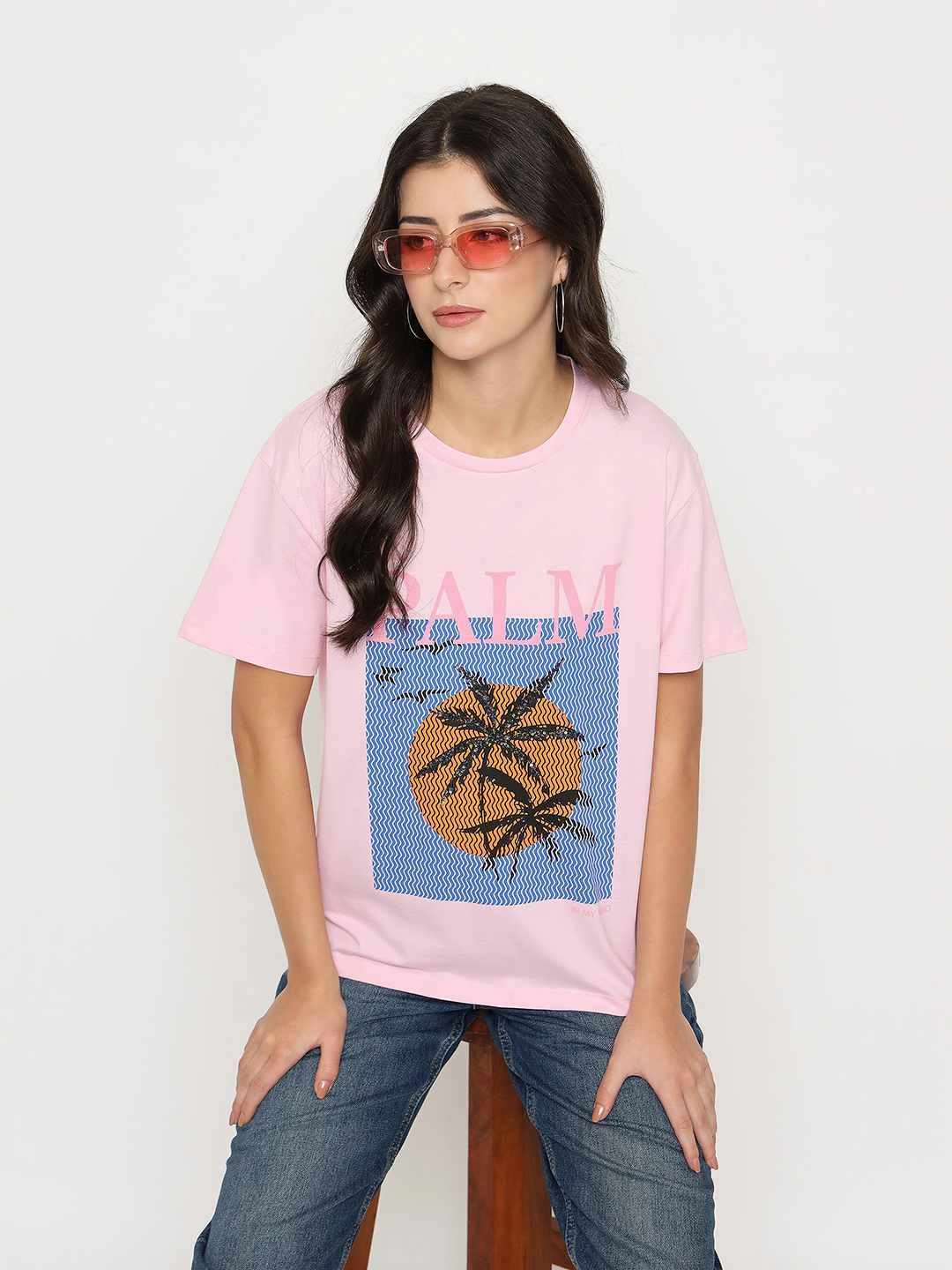 quick dry Madame Cotton Graphic Print Pink T-shirt