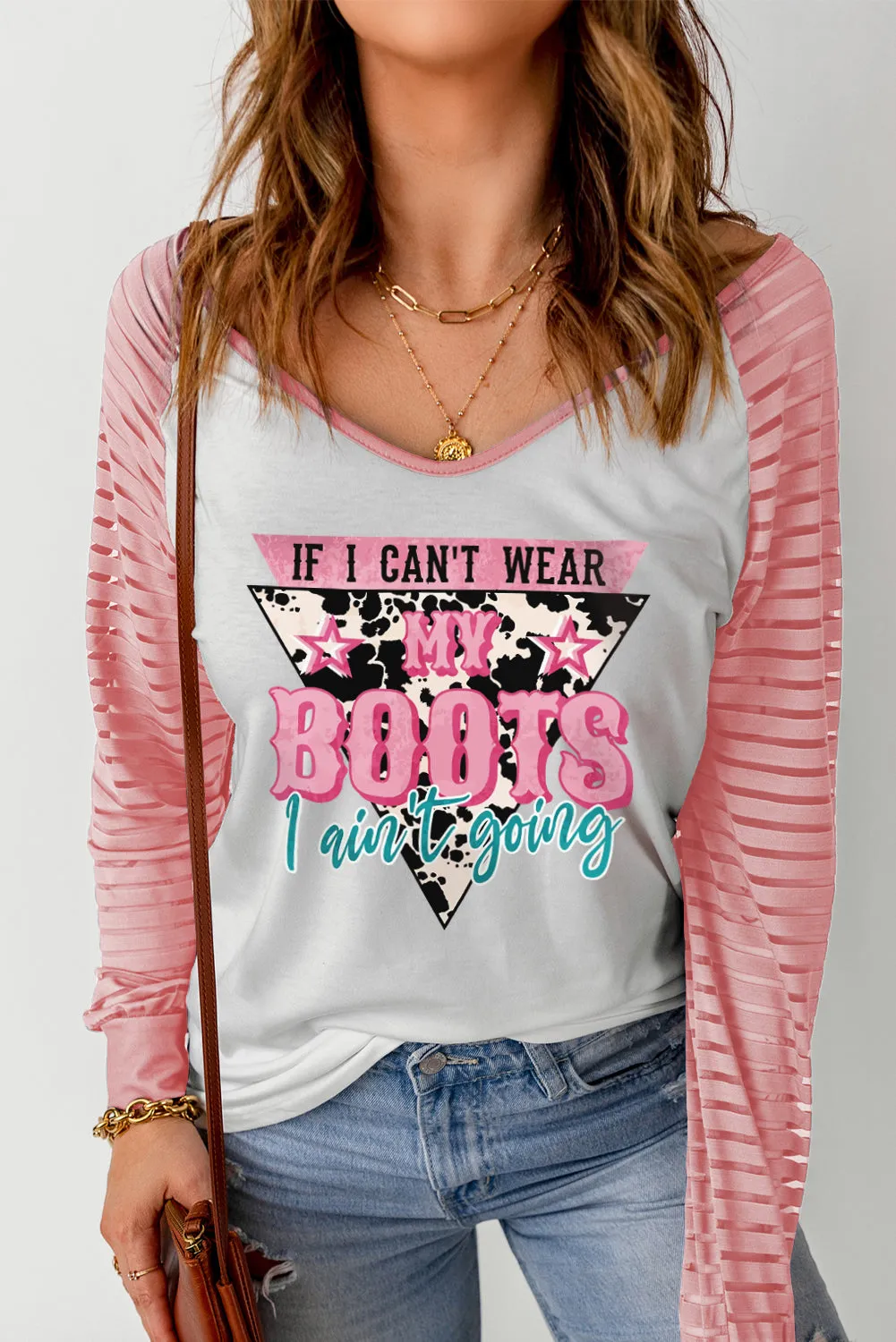 MY BOOTS Letter Graphic Print Steer Striped Long Sleeve Top