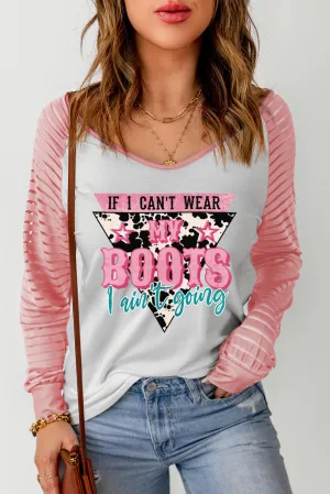 MY BOOTS Letter Graphic Print Steer Striped Long Sleeve Top