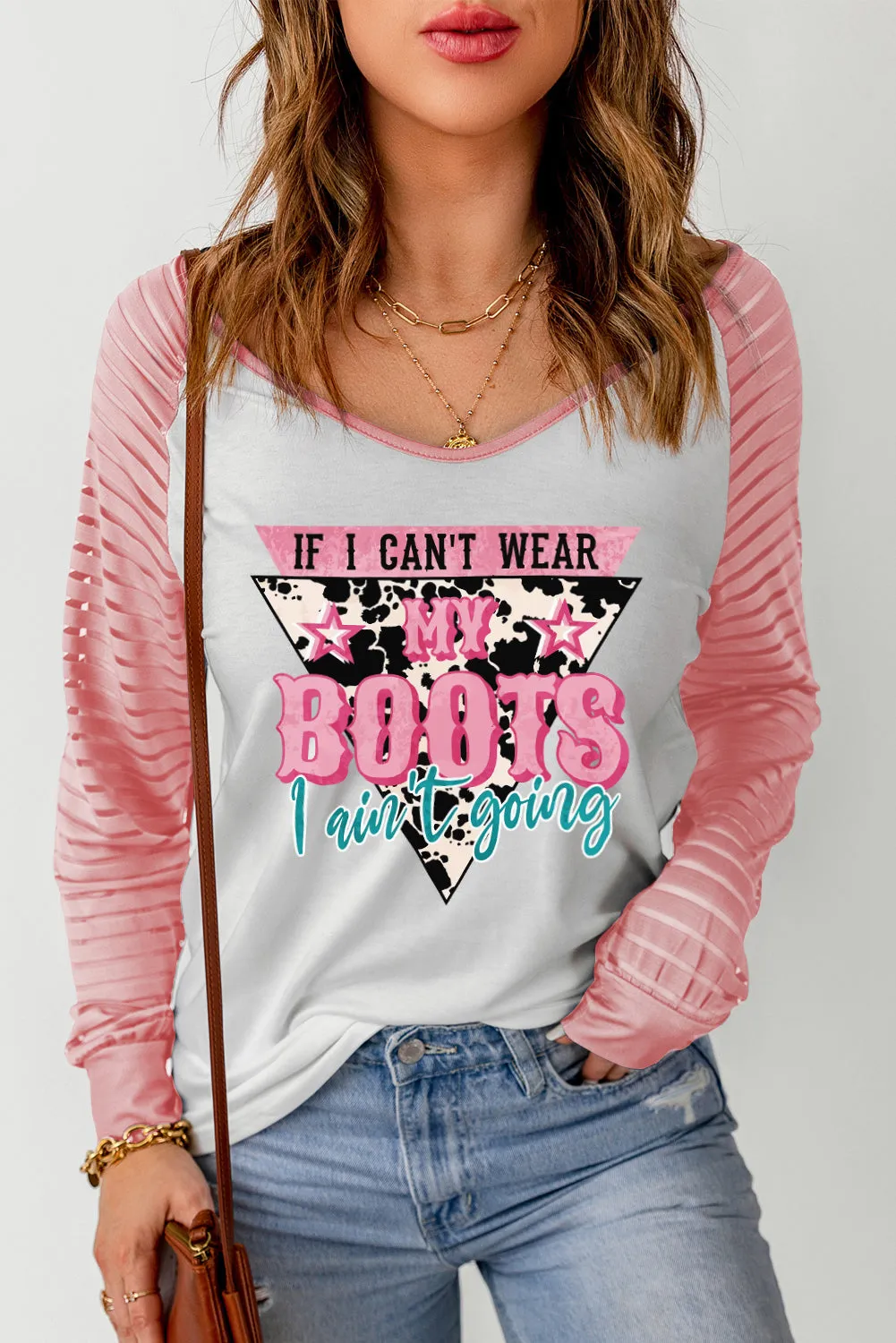 MY BOOTS Letter Graphic Print Steer Striped Long Sleeve Top