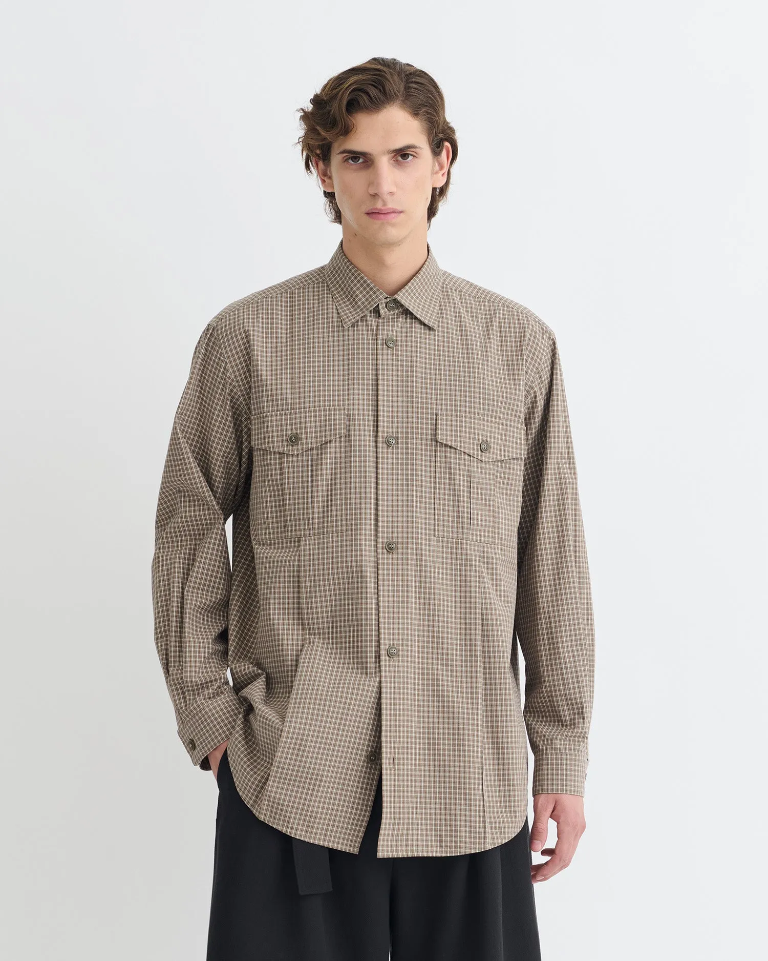 Adjustable Drawcord Stretch Fit Design Najib - Checked Shirt - Brown/Creme