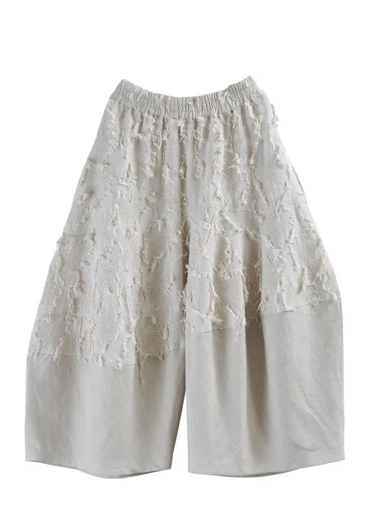 Natural Beige Patchwork asymmetrical design Cotton Linen Wide Leg Summer Pants
