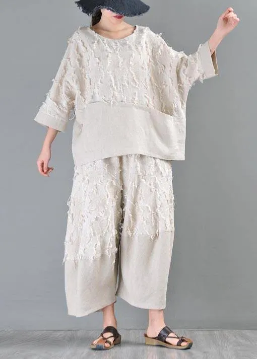 Natural Beige Patchwork asymmetrical design Cotton Linen Wide Leg Summer Pants
