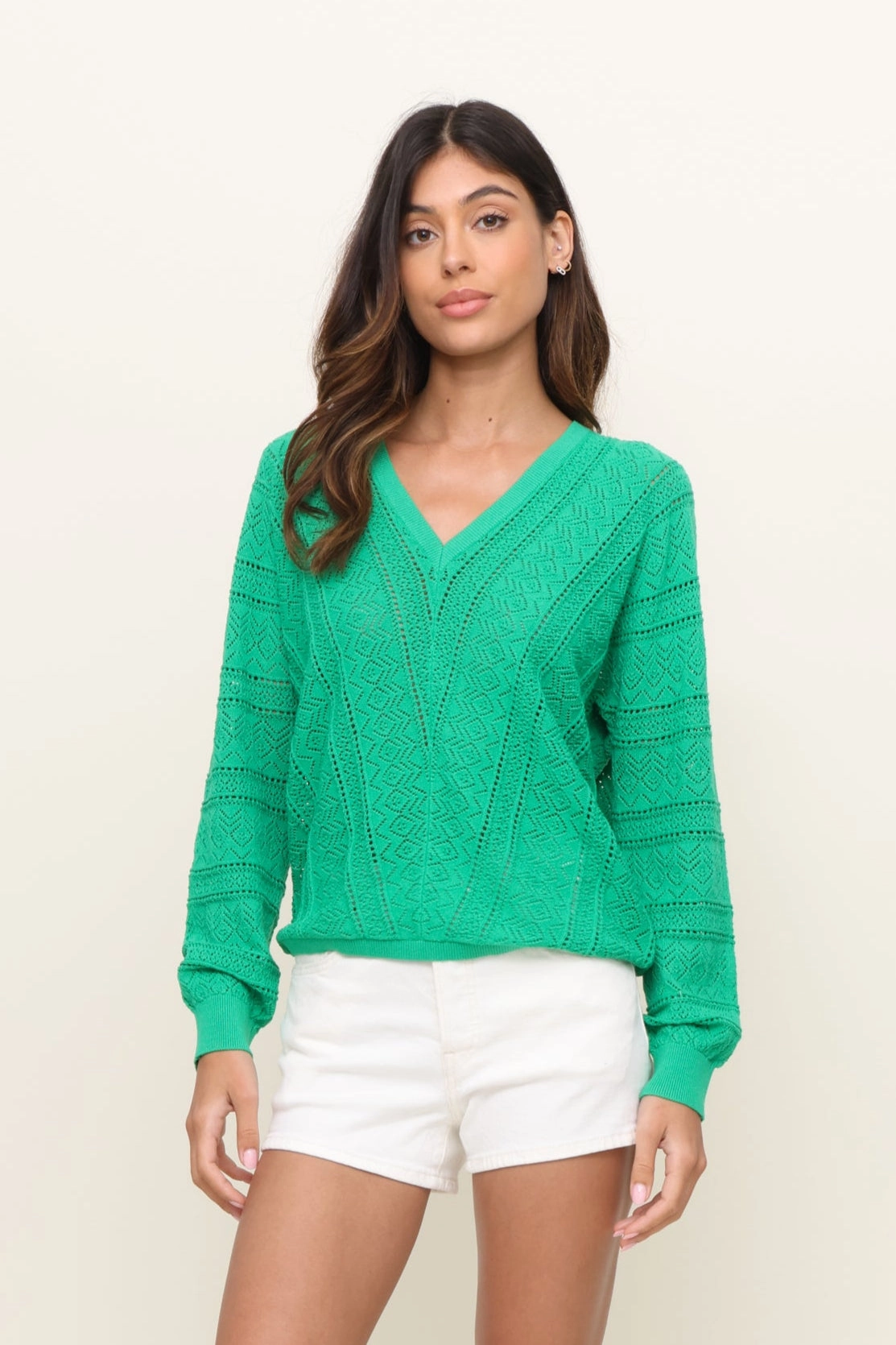 V Neck Long Sleeve Open Stitch Sweater Ribbed Detailing